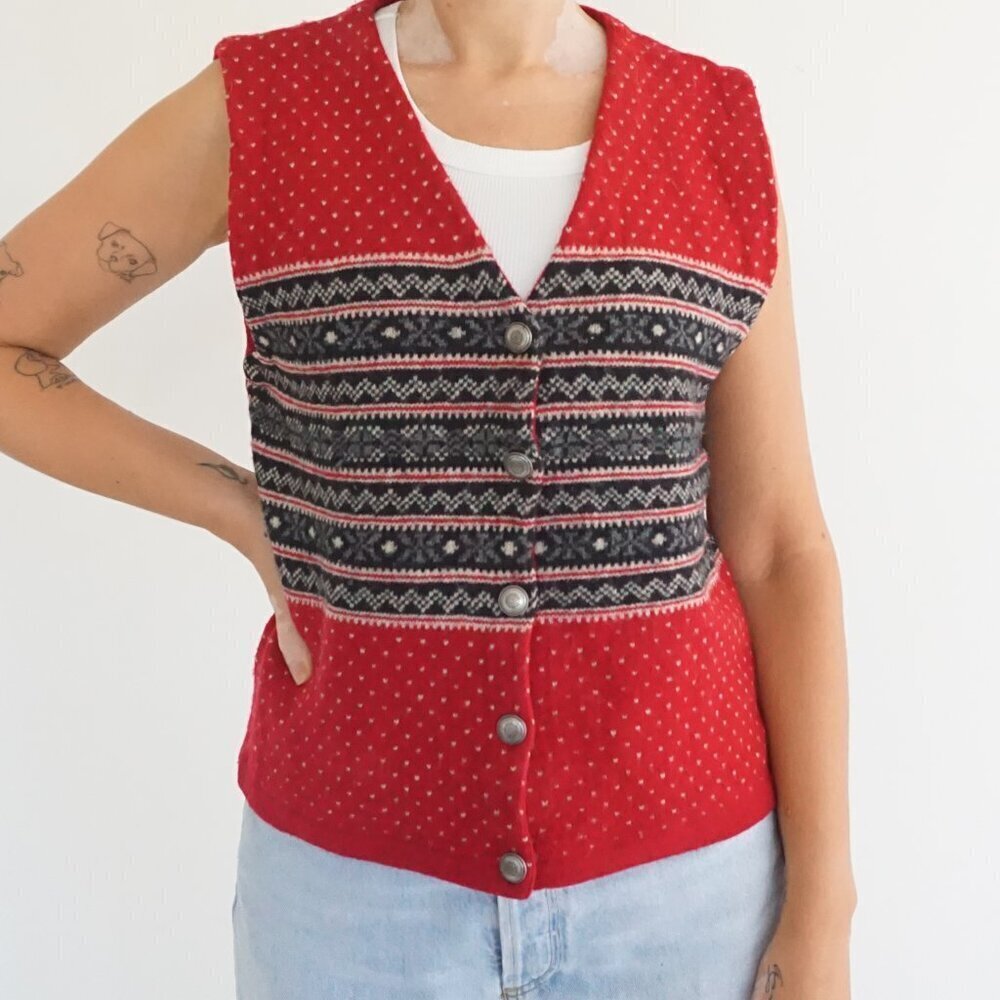 Vintage Eddie Bauer Red Nordic Knit Button Wool Fair Isle Sweater Vest S